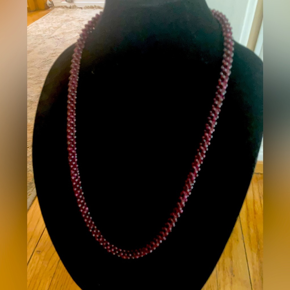 Garnet rope necklace, 30” with matching earrings